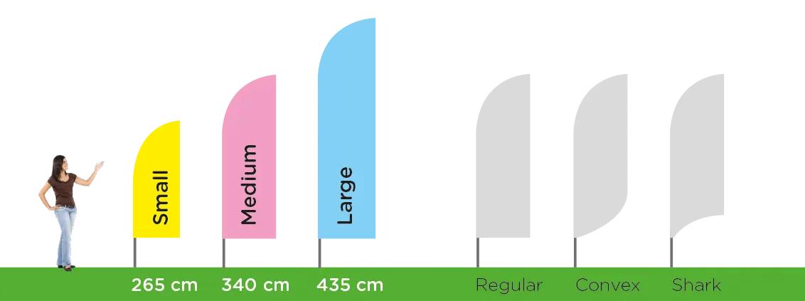 feather flags with auminium pole in three sizes and shapes regular convex shark available
