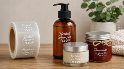 Transparent labels on a roll with white printing
