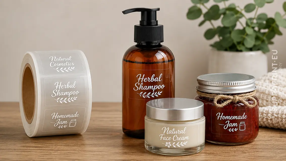 Transparent labels on a roll with white printing